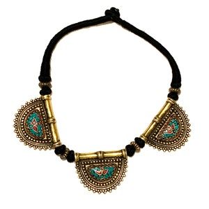 Brass boho necklace with turquoise and coral inlay